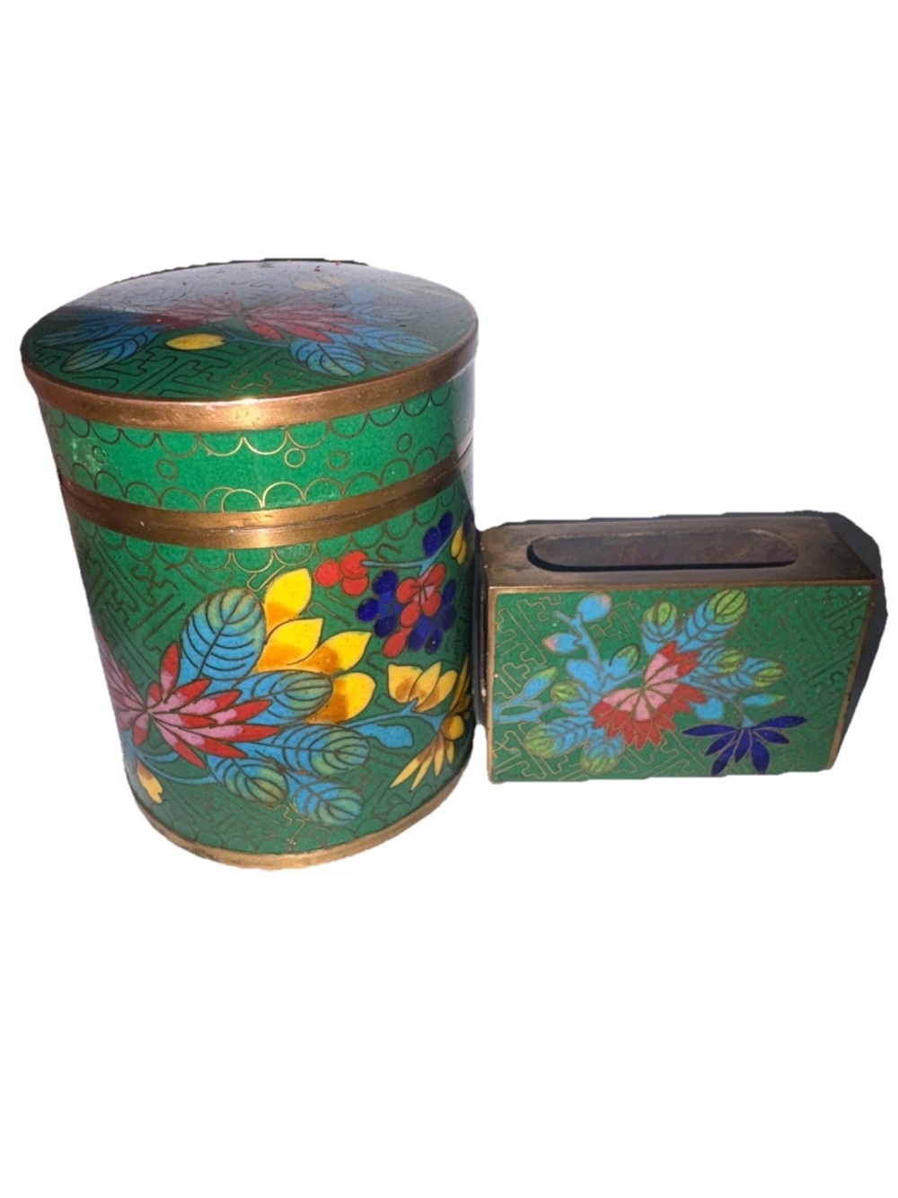 VTG 1927 Chinese Cloisonné Enamel Humidor & Match Box Holder Floral Design 3 In